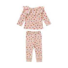 Baby Cartoon & Plaid Pattern Ruffle Neck Design Long Sleeve Sets (Color: pink, Size/Age: 73 (6-9M))