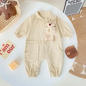 Baby 3D Cartoon Bear Patched Design Corduroy Fabric Button Front Romper (Color: Apricot, Size/Age: 80 (9-12M))