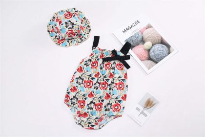 Baby 1pcs Allover Floral Print Bow Tie Patched Sleeveless Onesies & Hat (Color: Blue, Size/Age: 66 (3-6M))