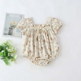 Baby Girl Floral Print Pattern Puff Sleeved Design Onesies With Bow Decoration In Summer (Color: Beige, Size/Age: 80 (9-12M))