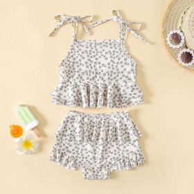 Baby Girl Floral Print Pattern Belt Design Sling Tops Combo Shorts Swimsuit Sets In Summer (Color: Beige, Size/Age: 100 (2-3Y))