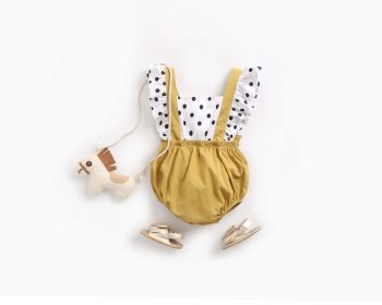 Baby Girl Polka Dot Pattern Patchwork Design Fly Sleeve Back Strap Fake Two-Piece Newborn Baby Girl Onesies (Color: yellow, Size/Age: 66 (3-6M))