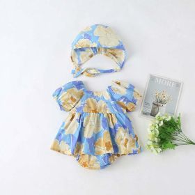 Baby Girls Floral Print Puff Sleeves Design Square Collar Onesies Dress In Summer With Hat (Color: Blue, Size/Age: 90 (12-24M))