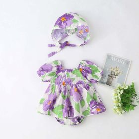 Baby Girls Floral Print Puff Sleeves Design Square Collar Onesies Dress In Summer With Hat (Color: purple, Size/Age: 90 (12-24M))