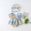 Baby Girls Floral Print Puff Sleeves Design Square Collar Onesies Dress In Summer With Hat