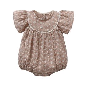 Baby Girls Lace Embroidery Round Collar Fly And Short Sleeve Onesies With Bottons (Color: Coffee, Size/Age: 80 (9-12M))