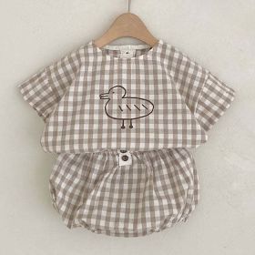 Baby Girl Plaid Polka Dot Pattern Duckling Print Short Sleeved Top Combo Pants Sets (Color: brown, Size/Age: 100 (2-3Y))