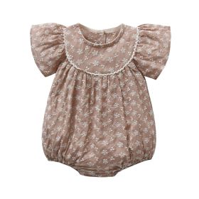 Baby Girls Lace Embroidery Round Collar Fly And Short Sleeve Onesies With Bottons (Color: Coffee, Size/Age: 66 (3-6M))