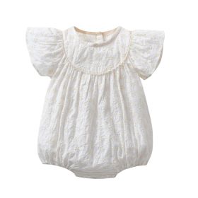 Baby Girls Lace Embroidery Round Collar Fly And Short Sleeve Onesies With Bottons (Color: White, Size/Age: 73 (6-9M))