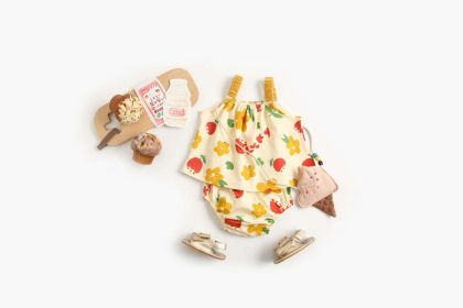 Baby Girl Floral Print Pattern Sleeveless Tops Combo Shorts 2-Pieces Sets In Summer (Color: Apricot, Size/Age: 100 (2-3Y))