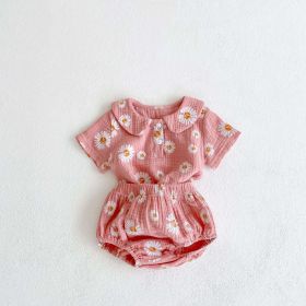 Baby Girl Floral Print Doll Collar Design Neck Buttoned Tops Combo Shorts Sets (Color: pink, Size/Age: 66 (3-6M))