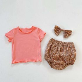 Baby Girl Solid Color Wooden Ear Design T-Shirt Combo Floral Shorts 2-Pieces Sets (Color: pink, Size/Age: 90 (12-24M))