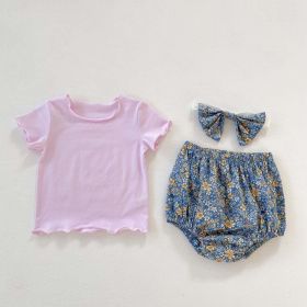 Baby Girl Solid Color Wooden Ear Design T-Shirt Combo Floral Shorts 2-Pieces Sets (Color: purple, Size/Age: 66 (3-6M))