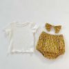 Baby Girl Solid Color Wooden Ear Design T-Shirt Combo Floral Shorts 2-Pieces Sets