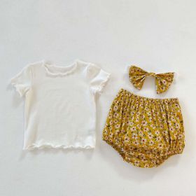 Baby Girl Solid Color Wooden Ear Design T-Shirt Combo Floral Shorts 2-Pieces Sets (Color: White, Size/Age: 66 (3-6M))