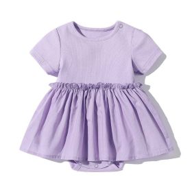 Baby Girls Solid Color Wooden Ear Design Short-Sleeved Dress Onesies In Summer (Color: purple, Size/Age: 80 (9-12M))