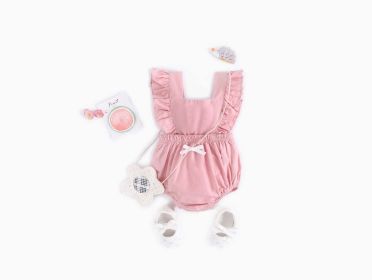 Baby Girl Square Collar Lace Design Denim Fabric Sleeveless Backless Onesies With Bow Decoration (Color: pink, Size/Age: 90 (12-24M))