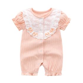 Baby Girl Printed Pattern Singel Breated Design Short Sleeve Rompers With Lace Patchwork (Color: pink, Size/Age: 66 (3-6M))