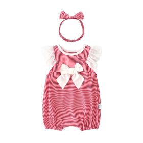 Baby Girl Striped Pattern Ruffle Design Short Sleeve Rompers With Bow Decoration And Handband (Color: pink, Size/Age: 59 (0-3M))