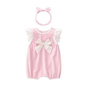 Baby Girl Striped Pattern Ruffle Design Short Sleeve Rompers With Bow Decoration And Handband (Color: Light Pink, Size/Age: 90 (12-24M))