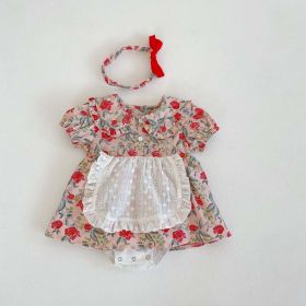 Baby Girls Floral Pattern Lace Patchwork Design Doll Collar Buttoned Puff-Sleeved Dress (Color: pink, Size/Age: 80 (9-12M))