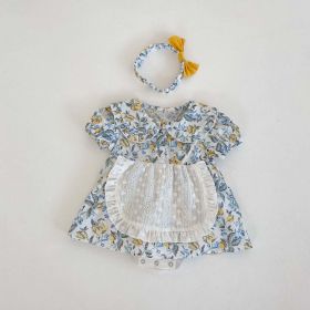 Baby Girls Floral Pattern Lace Patchwork Design Doll Collar Buttoned Puff-Sleeved Dress (Color: Blue, Size/Age: 80 (9-12M))