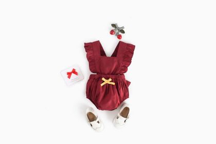 Baby Girl Square Collar Lace Design Denim Fabric Sleeveless Backless Onesies With Bow Decoration (Color: Red, Size/Age: 66 (3-6M))