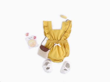 Baby Girl Square Collar Lace Design Denim Fabric Sleeveless Backless Onesies With Bow Decoration (Color: yellow, Size/Age: 90 (12-24M))