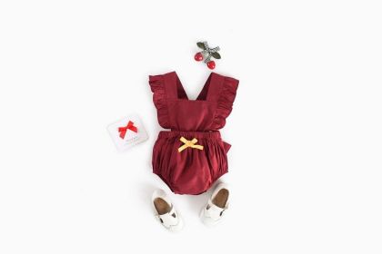 Baby Girl Square Collar Lace Design Denim Fabric Sleeveless Backless Onesies With Bow Decoration (Color: Red, Size/Age: 80 (9-12M))