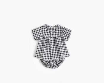 Baby Girl Plaid Pattern Single Breasted Design Shirt Combo Shorts Sets (Color: black, Size/Age: 66 (3-6M))