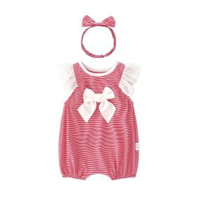 Baby Girl Striped Pattern Ruffle Design Short Sleeve Rompers With Bow Decoration And Handband (Color: pink, Size/Age: 73 (6-9M))