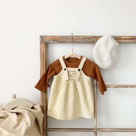 Baby Girl Solid Color Corduroy Fabric Tops Combo Bear Embroidery Straps Dress 2-Piece Sets (Color: Apricot, Size/Age: 66 (3-6M))