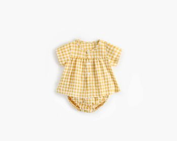 Baby Girl Plaid Pattern Single Breasted Design Shirt Combo Shorts Sets (Color: yellow, Size/Age: 80 (9-12M))