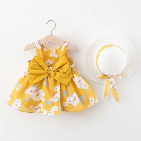 Baby Flower Pattern Bow Patched Design Sling Dress In Summer With Hat (Color: yellow, Size/Age: 73 (6-9M))