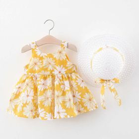 Baby Flower Pattern Bow Patched Design Sling Dress In Summer With Hat (Color: Light Yellow, Size/Age: 90 (12-24M))