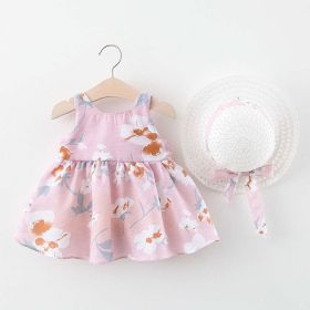 Baby Flower Pattern Bow Patched Design Sling Dress In Summer With Hat (Color: pink, Size/Age: 73 (6-9M))