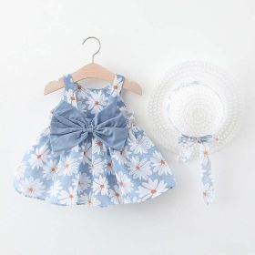 Baby Flower Pattern Bow Patched Design Sling Dress In Summer With Hat (Color: Blue, Size/Age: 90 (12-24M))