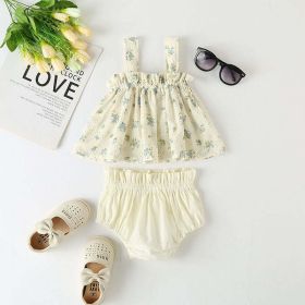 Baby Girl Floral Print Pattern Sleeveless Tops Combo Shorts Sets In Summer (Color: Blue, Size/Age: 80 (9-12M))