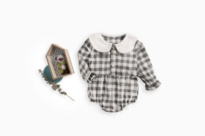 Baby Girl Plaid Pattern Doll Collar Design Long Sleeve Onesies With Buttons (Color: Grey, Size/Age: 73 (6-9M))