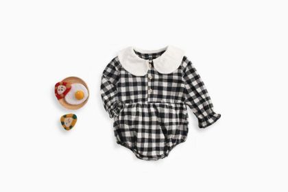 Baby Girl Plaid Pattern Doll Collar Design Long Sleeve Onesies With Buttons (Color: black, Size/Age: 90 (12-24M))