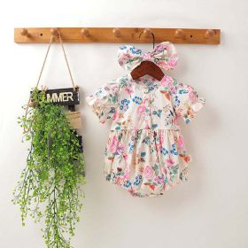 Baby Girl Floral Pattern Round Collar Bubble Sleeve Cute Onesies With Bow Hair Rope (Color: pink, Size/Age: 66 (3-6M))