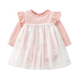 Baby Girls Floral Lace Patchwork Design Ruffle Long-Sleeved Dress Onesies In Spring & Autumn (Color: pink, Size/Age: 90 (12-24M))