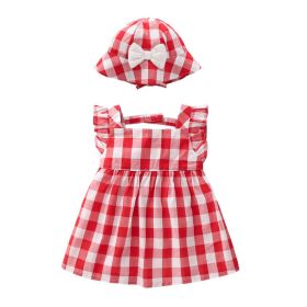 Baby Girls Plaid Print Lace Design Square Collar Sleeveless Dress With Bow Hat In Summer (Color: Red, Size/Age: 90 (12-24M))