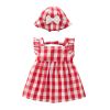 Baby Girls Plaid Print Lace Design Square Collar Sleeveless Dress With Bow Hat In Summer