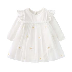 Baby Girls Floral Lace Patchwork Design Ruffle Long-Sleeved Dress Onesies In Spring & Autumn (Color: White, Size/Age: 59 (0-3M))