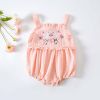 Baby Girl Floral Embroidered Pattern Lace Design Solid Color Sleeveless Onesies In Summer