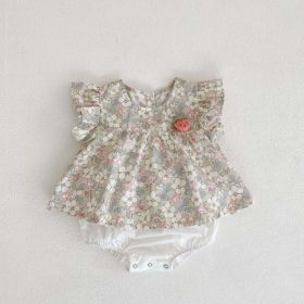 Baby Floral Graphic 3D Strawberry Patched Design Butterfly Sleeve Onesies Dress (Color: Apricot, Size/Age: 90 (12-24M))