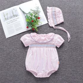 Baby Girl Embroidery Pattern Ruffle Collar Design Bubble Short-Sleeved Onesies With Hat (Color: pink, Size/Age: 73 (6-9M))