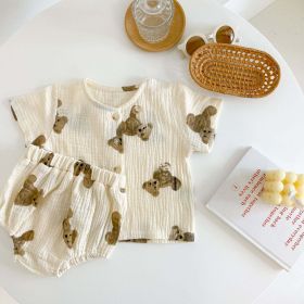 Baby Girl Bear Print Pattern Round Collar Shirt Top Combo Short Pants Sets In Summer Outfit Wearing (Color: Beige, Size/Age: 90 (12-24M))