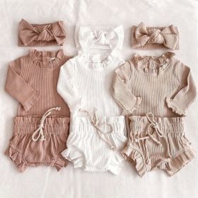 Baby Girl Wood Ear Design Solid Color Long-Sleeved Round Collar Tops Combo Shorts Cotton Sets (Color: pink, Size/Age: 66 (3-6M))